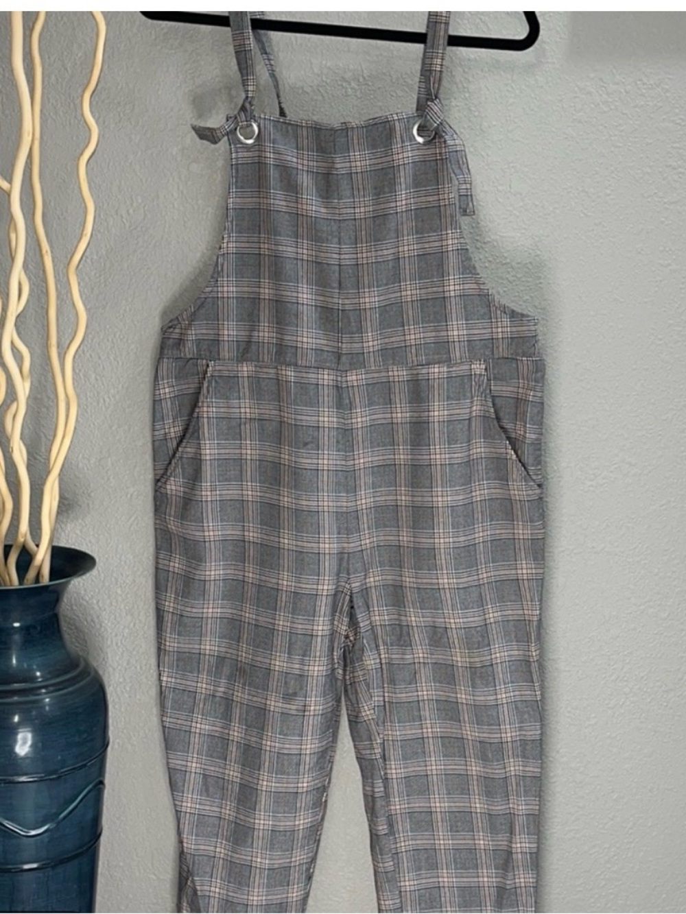 Divided Plaid Overall Dress in Gray, Brown and Cream